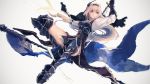  banner blonde_hair blue_eyes boots flag gauntlets granblue_fantasy grey_background hairband hand_up highres holding holding_sword holding_weapon jeanne_d'arc_(granblue_fantasy) long_hair long_sleeves looking_afar looking_to_the_side low-tied_long_hair metal_boots parted_lips rean_(r_ean) shingeki_no_bahamut shirt solo sword very_long_hair weapon white_shirt 