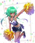  :p arm_up armpits bangs bare_legs black_footwear black_skirt blunt_bangs bob_cut breasts cheerleader cleavage closed_mouth clothes_writing collarbone commentary_request confetti emerald_sustrai eyebrows_visible_through_hair green_hair highres holding iesupa leg_up looking_at_viewer medium_breasts miniskirt navel outstretched_arm pom_poms red_eyes rwby shoes short_hair_with_long_locks side_slit skirt sleeveless smile sneakers solo standing standing_on_one_leg tongue tongue_out tsurime two-tone_background 