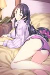  ass bed boyshorts breasts commentary_request fate/grand_order fate_(series) large_breasts long_hair looking_at_viewer minamoto_no_raikou_(fate/grand_order) on_bed panties_under_shorts purple_eyes purple_hair ribbed_sweater shirokuma_a short_shorts shorts sweater 