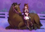  1girl absurdres animal_ears animal_focus black_boots black_thighhighs boots bridle brown_hair checkered_collar choker commentary creature_and_personification ears_through_headwear english_commentary fence forever_young_(racehorse) forever_young_(racing)_(umamusume) forever_young_(umamusume) green_choker green_eyes highres horse horse_ears horse_girl jacket long_hair multicolored_hair necktie personification pleated_skirt purple-tinted_eyewear real_life red_jacket red_streaks skirt streaked_hair sunglasses tanaynanay thighhighs tinted_eyewear umamusume white_necktie white_skirt white_streaks wooden_fence 