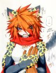  ambiguous_gender blue_eyes blush breasts cat cheetah embarrassed feline female grope hair human jinya mammal red_hair あかばね_じん 