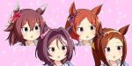  4girls animal_ears blue_eyes brown_hair commentary_request ear_covers ear_ornament flower flower_in_eye gold_hairband gomennasai_nanoda_(meme) hair_between_eyes hair_flaps hair_flower hair_intakes hair_ornament hairband highres horse_ears horse_girl long_hair meme meso_(zgmf-xv) multiple_girls open_mouth partial_commentary pink_background ponytail purple_eyes purple_hair sakura_bakushin_o_(umamusume) sakura_chitose_o_(umamusume) sakura_chiyono_o_(umamusume) sakura_laurel_(umamusume) short_hair simple_background swept_bangs symbol_in_eye umamusume upper_body victory_club_(umamusume) 