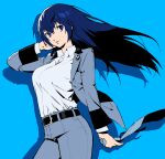  1girl absurdres aged_up alternate_hairstyle arm_up asdf_4532 badge belt black_belt blazer blue_background blue_eyes blue_hair blue_necktie breasts closed_mouth commentary detective drop_shadow english_commentary formal_clothes hair_between_eyes highres holding holding_unworn_clothes holding_unworn_necktie jacket long_hair medium_breasts necktie open_collar pant_suit pants persona persona_4 persona_x_detective pink_lips shirogane_naoto shirt shirt_tucked_in simple_background smile solo suit unworn_necktie upper_body upturned_eyes white_shirt 