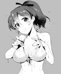  adjusting_clothes adjusting_swimsuit bangs bikini breasts cleavage closed_mouth commentary eyebrows_visible_through_hair front-tie_bikini front-tie_top girls_und_panzer greyscale hair_ribbon hand_under_clothes hand_under_swimsuit head_tilt koyama_yuzu large_breasts looking_at_viewer monochrome nakasone_haiji ribbon short_hair short_ponytail smile solo swimsuit upper_body wet wet_clothes wet_hair wet_swimsuit 