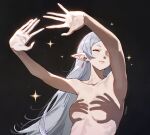 1girl \||/ black_background breasts commentary elf frieren grey_hair hand_shadow_covering_breasts_(meme) highres long_hair medium_breasts meme no_nipples nude outstretched_arms pointy_ears sakichka shadow_censor solo sousou_no_frieren sparkle spread_fingers topless_female untranslatable_commentary 