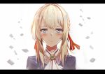  ascot bad_id bad_pixiv_id bangs blonde_hair blue_eyes blue_jacket blush closed_mouth eyebrows_visible_through_hair hair_between_eyes hair_ribbon highres jacket letterboxed long_hair looking_at_viewer red_ribbon ribbon rods solo violet_evergarden violet_evergarden_(character) white_background white_neckwear 