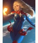  blonde_hair blue_eyes blurry bodysuit breasts captain_marvel carol_danvers commentary depth_of_field earth glowing glowing_hand highres long_hair looking_to_the_side marvel medium_breasts raikoart shawl smile solo space star_(sky) superhero toned 