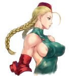  beret blonde_hair blue_eyes braid breasts cammy_white cleavage commentary_request covered_nipples from_side hat leotard long_hair medium_breasts nipple_slip nipples shu-mai sideboob simple_background solo street_fighter toned twin_braids upper_body 