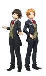  :d ansatsu_kyoushitsu beckoning black_footwear black_hair black_jacket black_pants brooch brown_eyes brown_hair butler cravat formal full_body hand_on_hip highres isogai_yuuma jacket jewelry kyoka0403_1 looking_at_viewer maehara_hiroto male_focus multiple_boys necktie open_clothes open_jacket open_mouth orange_eyes outstretched_hand pants red_neckwear shirt shoes simple_background smile standing white_background white_shirt 