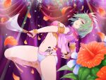  1girl armlet bikini blue_flower bracelet breast_tattoo breasts capelet curtains dancer dancing double_bikini earrings falling_petals feather_hair_ornament feathers flower game_cg gold_armlet gold_bra gold_bracelet gold_earrings green_hair groin hair_ornament hibiscus hikage_(senran_kagura) jewelry large_breasts linea_alba navel official_alternate_costume official_art orange_flower orange_petals petals purple_flower revealing_clothes reverse_grip samba samba_costume scimitar senran_kagura senran_kagura_new_link senran_kagura_shoujo-tachi_no_shin'ei short_hair slit_pupils smile snake_tattoo solo standing standing_on_one_leg stomach_tattoo swimsuit sword tattoo tongue tongue_out weapon white_flower yaegashi_nan yellow_eyes 