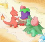  apple charmeleon cherrim cherrim_(overcast) claws closed_mouth commentary_request fence fire flame-tipped_tail food fruit ivysaur kinakomochi_(kazuna922) no_humans path plant pokemon pokemon_(creature) smile sweatdrop tail tree_stump vines 