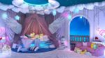  3d balcony bed bedroom blood blood_on_wall bulbasaur chain commentary crescent curtains dentures diglett english_commentary feathered_wings feathers full_moon heart highres indoors lamp mimikyu moon night nightstand omorphia original pikachu pillow pokemon pokemon_(creature) round_bed shooting_star slurpuff vanillite vertical-striped_pillow white_feathers wings 