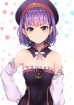  bangs bare_shoulders blush breasts closed_mouth collarbone detached_collar detached_sleeves dress dyson_(edaokunnsaikouya) eyebrows_visible_through_hair fate/grand_order fate_(series) frilled_dress frilled_sleeves frills hand_on_hip hat helena_blavatsky_(fate/grand_order) highres looking_at_viewer purple_eyes purple_hair purple_hat short_hair simple_background small_breasts solo strapless strapless_dress tree_of_life white_sleeves 