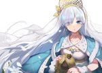  anastasia_(fate/grand_order) bangs blue_eyes breasts cape collarbone commentary_request crown doll dress eyebrows_visible_through_hair eyes_visible_through_hair fate_(series) flower hair_over_one_eye hairband holding holding_doll jehyun jewelry long_hair looking_at_viewer mini_crown necklace royal_robe shiny shiny_clothes silver_hair simple_background single_earring small_breasts solo very_long_hair white_background white_dress white_flower 