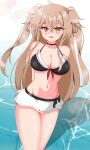  1girl absurdres ahoge arm_behind_back bikini bikini_skirt black_bikini black_choker breasts brown_eyes brown_hair choker cleavage commentary_request front-tie_bikini_top front-tie_top hair_flaps heterochromia highres itsuya_(hmizugucti) kantai_collection large_breasts long_hair looking_at_viewer murasame_(kancolle) murasame_(swimsuit)_(kancolle) murasame_kai_ni_(kancolle) red_eyes sailor_bikini sailor_collar skirt smile solo sparkle swimsuit water white_skirt 