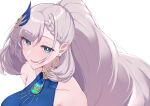  1girl absurdres blue_eyes blush braid braided_bangs breasts earrings feather_hair_ornament feathers grey_hair hair_ornament highres hololive hololive_indonesia jewelry kohi_dayooo large_breasts long_hair looking_at_viewer pavolia_reine smile solo virtual_youtuber 