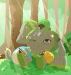  closed_eyes commentary_request creature_on_head day gold_snurp_(miitopia) golem grass green_snurp_(miitopia) grey_eyes highres kind_golem_(miitopia) light_rays miitopia moss no_humans one_eye_closed open_mouth outdoors rikka_natsu_27 sitting smile sparkle tadman_(miitopia) tadpole teeth tree upper_teeth_only yellow_eyes 