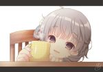  :d ahoge bangs blush brown_eyes brown_hair chair commentary_request cup eyebrows_visible_through_hair fang fingernails flower hair_flower hair_ornament hair_rings hatoba_tsugu hatoba_tsugu_(character) head_tilt highres letterboxed looking_at_viewer mole mole_under_eye mug no_hat no_headwear open_mouth pk_(mukasihasakana) polka_dot rose signature smile solo steam table virtual_youtuber white_background white_flower white_rose 