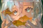  1girl 37_(reverse:1999) arr_(h_kt_hkt) blue_eyes blue_hair blurry blurry_foreground close-up commentary depth_of_field eye_focus fish fish_tank hair_between_eyes hands_up highres holding looking_at_viewer reverse:1999 solo 