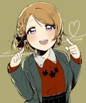  :d berisuno_(beriberi0707) black_bow black_skirt bow braid brown_background brown_hair commentary_request earrings english grey_jacket hair_bow hands_up jacket jewelry koizumi_hanayo long_sleeves looking_at_viewer love_live! love_live!_school_idol_project necklace open_mouth pointing pointing_at_self purple_eyes red_skirt short_hair sketch skirt smile solo upper_body 