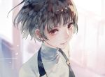  blurry blurry_background blush braid brown_hair closed_mouth crown_braid depth_of_field halterneck indoors lips looking_at_viewer niijima_makoto persona persona_5 red_eyes school_uniform shiny shiny_hair short_hair shuujin_academy_uniform smile solo spikes syokuuuuuuuuumura turtleneck upper_body 