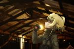  ahoge black_gloves blonde_hair blue_eyes ceiling ceiling_light coat commentary from_side frown fur_trim genya_(genya67) gloves harness head_tilt highres indoors long_sleeves medallion pocket ponytail profanity short_hair sidelocks solo tanya_degurechaff upper_body wooden_ceiling youjo_senki 