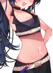  1girl arm_up armpits black_hair blush breasts eyes_out_of_frame fang fujiwarahatsune head_out_of_frame highres long_hair navel open_mouth original serika_(blue_archive) serika_(idol)_(blue_archive) simple_background skin_fang small_breasts solo sweat very_long_hair white_background 