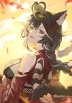  1girl absurdres ahoge animal_ears black_hair braid braided_ponytail breasts cleavage dress hair_between_eyes heart heart_ahoge highres indie_virtual_youtuber kingcraft_kingu long_hair looking_at_viewer momote_(vtuber) multicolored_hair open_mouth petals red_dress red_eyes skunk_ears skunk_girl smile solo streaked_hair virtual_youtuber white_hair 