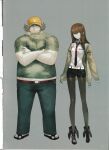  1boy 1girl absurdres arm_belt baseball_cap belt belt_buckle black_boots black_pantyhose black_shorts blue_pants boots breast_pocket breasts brown_hair brown_jacket buckle collared_shirt crossed_legs dress_shirt fat fat_man flip-flops full_body game_cg green_shirt hair_between_eyes hair_over_shoulder hashida_itaru hat highres huke jacket jacket_partially_removed leather_belt makise_kurisu midriff necktie non-web_source official_art pants pantyhose pantyhose_under_shorts pocket purple_eyes purple_trim red_belt red_necktie sandals science_adventure shirt short_sleeves shorts small_breasts smile standing steins;gate t-shirt tachi-e unamused white_belt white_shirt yellow_hat 