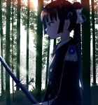  1girl absurdres bamboo bamboo_forest black_hair closed_mouth epaulettes forest from_side green_eyes hair_ornament hairpin heaven_burns_red highres holding holding_sword holding_weapon katana long_hair military_uniform natsume_inori nature ponytail sword unsheathed weapon zacuu 