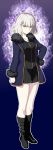  :/ ahoge aoba_(smartbeat) arm_at_side bangs bare_legs black_dress black_footwear blue_jacket boots breasts buckle cleavage closed_mouth dress expressionless eyebrows_visible_through_hair fate/grand_order fate_(series) full_body fur-trimmed_sleeves fur_collar fur_trim hand_on_hip jacket jeanne_d'arc_(alter)_(fate) jeanne_d'arc_(fate)_(all) jewelry knee_boots legs_together long_sleeves looking_at_viewer medium_breasts necklace open_clothes open_jacket pale_skin pendant purple_background short_dress short_hair silver_hair solo standing two-tone_background v-shaped_eyebrows wicked_dragon_witch_ver._shinjuku_1999 yellow_eyes 