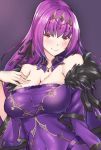  breasts circlet commentary dress fate/grand_order fate_(series) feather-trimmed_sleeves hair_ribbon large_breasts long_hair purple_dress purple_hair red_eyes ribbon scathach_(fate)_(all) scathach_skadi_(fate/grand_order) shirokuma_a solo strapless strapless_dress upper_body 