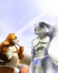  2boys abs absurdres animal_ears armpit_hair armpits bara bear_boy bear_ears belly biceps blue_male_swimwear closed_mouth collarbone commentary_request covering_own_eyes dog_boy dog_ears dog_tail food food_in_mouth fruit fundoshi furry furry_male grey_fur grey_hair gurandoherutu hand_on_own_hip highres holding holding_food holding_fruit holding_popsicle japanese_clothes juuichi_mikazuki kouya_aotsuki looking_down looking_to_the_side looking_up male_focus male_swimwear morenatsu multiple_boys muscular muscular_male one_eye_closed open_mouth pawpads pectorals plump popsicle popsicle_in_mouth tail tongue tongue_out topless_male watermelon 