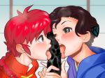  2girls booth_tomato braid brown_hair censored chinese_clothes fellatio genderswap genderswap_(mtf) grey_eyes licking mother_and_daughter multiple_girls ranma-chan ranma_1/2 red_hair saotome_nodoka saotome_ranma single_braid tangzhuang tongue 