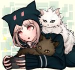  blush cat danganronpa grey_eyes handheld_game_console holding_handheld_game_console hood hood_up hooded_jacket jacket komatsuzaki_rui_(style) kurokku-tokei nanami_chiaki open_mouth pink_eyes pink_hair playing_games short_hair solo super_danganronpa_2 yellow_eyes 