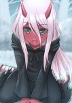  absurdres bandaged_leg bandages darling_in_the_franxx demon_girl eyebrows_visible_through_hair hair_between_eyes highres horns long_hair open_mouth pink_hair red_skin sawwei005 sharp_teeth sitting solo spoilers straight_hair teeth very_long_hair wariza younger zero_two_(darling_in_the_franxx) 
