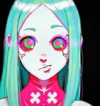  1girl artificial_eye colored_sclera colored_skin cyberpunk:_edgerunners cyberpunk_(series) davoxime mechanical_eyes neck_tattoo pink_tattoo rebecca_(cyberpunk) red_pupils red_sclera solo tattoo white_skin 