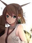  1girl ? bare_shoulders breasts brown_hair collar commentary_request eyebrows_visible_through_hair fairy_(kantai_collection) gloves green_eyes gundam gundam_wing hairband heero_yuy kantai_collection large_breasts miniboy mutsu_(kantai_collection) open_mouth remiria100 short_hair turret white_gloves 