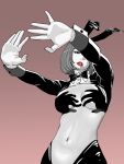 1girl absurdres animal_ears black_bow black_bowtie bob_cut bow bowtie breasts brown_background commentary_request fake_animal_ears hand_shadow_covering_breasts_(meme) highres lipstick makeup medium_breasts meme navel original parted_lips reverse_bunnysuit reverse_outfit sakamoto_giulietta simple_background traditional_bowtie wrist_cuffs 