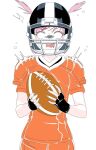  1girl ^^^ american_football american_football_(object) american_football_helmet american_football_uniform ball black_gloves black_helmet blank_eyes blush breasts commentary cowboy_shot doki_doki_literature_club english_commentary expressive_hair eyelashes facing_viewer fingerless_gloves gloom_(expression) gloves hair_ornament helmet highres holding holding_ball jersey light_blush natsuki_(doki_doki_literature_club) no_pupils open_mouth orange_pants orange_shirt pants pink_hair playing_sports rachel_campbell scared screaming shaded_face shirt short_hair shoulder_pads simple_background small_breasts solo sportswear squeans standing surprised sweatdrop swept_bangs two-handed two_side_up wavy_mouth white_background x_hair_ornament 