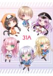  6+girls aikawa_megumi asakura_karen_(heaven_burns_red) black_hair blazer blonde_hair blue_eyes blue_jacket braid brown_hair chibi commentary_request glasses green_eyes grey_hair hair_ribbon hat heaven_burns_red highres izumi_yuki jacket kayamori_ruka kohinata_hoshimi kunimi_tama long_hair looking_at_viewer multiple_girls necktie one_eye_closed open_mouth pink_hair red_eyes red_necktie ribbon school_uniform shirt team_31a_(heaven_burns_red) toujou_tsukasa white_ribbon white_shirt 