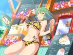  1girl :p armpit_crease bikini bird blue_flower blush bottle breast_tattoo breasts cleavage coca-cola cola drink flag flower food food_stand frog game_cg green_hair groin hibiscus hikage_(senran_kagura) hip_tattoo holding holding_bottle holding_food holding_ice_cream holding_ice_cream_cone ice_cream ice_cream_cone large_breasts leaning lens_flare linea_alba looking_at_viewer menu_board multiple_scoops navel o-ring o-ring_bikini official_alternate_costume official_art palm_leaf pink_flower red_flower senran_kagura senran_kagura_new_link short_hair slit_pupils snake_tattoo soda soda_bottle solo sparkle standing standing_on_one_leg strapless strapless_bikini swimsuit tattoo tongue tongue_out toucan underboob waffle_cone yellow_bikini yellow_eyes 