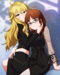  2girls ahoge akizuki_ritsuko antenna_hair black_dress black_shirt black_skirt blonde_hair braid breasts brown_eyes brown_hair card_commentary closed_mouth commentary_request dress fingernails game_cg glasses green_eyes hand_on_another's_back hoshii_miki idolmaster idolmaster_(classic) idolmaster_million_live! idolmaster_million_live!_theater_days long_hair long_sleeves looking_at_viewer multiple_girls nail_polish official_art parted_lips red_nails see-through_clothes see-through_sleeves semi-rimless_eyewear shirt sitting skirt third-party_source turning_head twin_braids under-rim_eyewear 