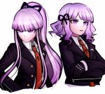  alternate_hairstyle bangs black_ribbon blunt_bangs crossed_arms danganronpa danganronpa_1 eyebrows_visible_through_hair gloves hair_ribbon kirigiri_kyouko komatsuzaki_rui_(style) kurokku-tokei long_hair necktie ponytail purple_eyes ribbon short_hair simple_background very_long_hair white_background 