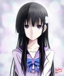  2012 black_eyes black_hair blue_bow blue_neckwear bow bowtie collarbone dated grey_shirt hair_ornament highres kem_kem long_hair looking_at_viewer sanka_rea sankarea school_uniform shirt signature solo uniform upper_body very_long_hair 