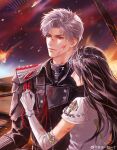  1boy 1girl absurdres aiguillette black_gloves blood blood_on_arm blood_on_face blood_on_gloves brown_hair carrying chinese_commentary closed_mouth commentary_request dress elbow_gloves faceless faceless_female gloves grey_hair head_chain highres jacket jewelry leather leather_jacket long_hair looking_to_the_side love_and_deepspace military_uniform nose official_alternate_costume parted_bangs princess_carry protagonist_(love_and_deepspace) red_eyes short_hair shoulder_boards space spacecraft starfighter sylus_(khaosi_sovereign)_(love_and_deepspace) sylus_(love_and_deepspace) watermark weibo_username weibo_watermark white_dress white_gloves yu_zi_yikou_yige 