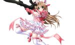  1girl antenna_hair blush bow brown_hair dress frilled_dress frills full_body game_cg gloves green_eyes gun higuchi_isami holding holding_rocket_launcher holding_weapon kusunoki_sae long_hair magical_girl mahou_shoujo_sae non-web_source official_art ribbon rifle rocket_launcher scope self-datamine serious skirt sniper_rifle solo thighhighs transparent_background variant_set weapon white_thighhighs zettai_ryouiki 