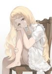  1girl barefoot blonde_hair chair cine_(wazd0183) commentary dress expressionless frilled_dress frills highres long_hair looking_at_viewer machita_chima nijisanji on_chair simple_background sitting solo thick_eyebrows untranslatable_commentary virtual_youtuber white_background white_dress wooden_chair yellow_eyes 