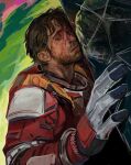  1boy absurdres astronaut beard beard_stubble earth_(planet) facial_hair galaxy highres in_orbit male_focus mr_kotets planet project_hail_mary ryland_grace solo spacecraft spacesuit stubble 