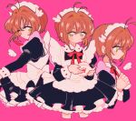  1girl ahoge antenna_hair apron blush bow brown_hair cardcaptor_sakura commentary green_eyes highres holding holding_teapot kinomoto_sakura long_sleeves looking_at_viewer looking_back looking_to_the_side maid maid_apron maid_headdress petticoat pink_background red_bow reed_(makuri_reed) short_hair simple_background teapot untranslatable_commentary 